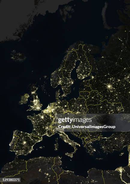 True colour satellite image of Europe at night with country borders. This image in Lambert Conformal Conic projection was compiled from data acquired...