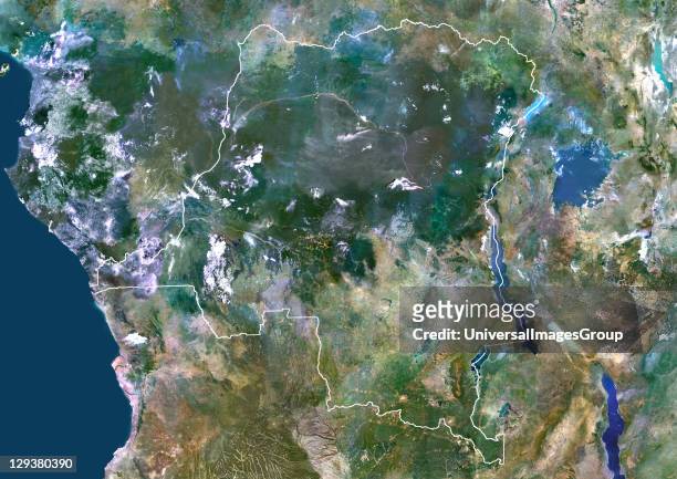Satellite view of the Democratic Republic of the Congo - Kinshasa . This image was compiled from data acquired by LANDSAT 5 & 7 satellites.,...