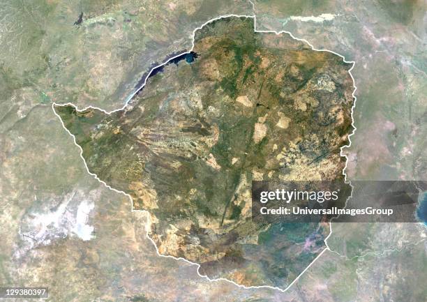 Satellite view of Zimbabwe . This image was compiled from data acquired by LANDSAT 5 & 7 satellites., Zimbabwe, Africa, True Colour Satellite Image...