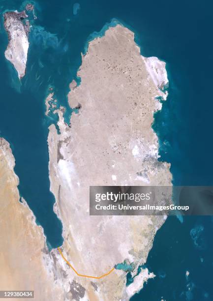 Satellite view of Qatar . This image was compiled from data acquired by LANDSAT 5 & 7 satellites., Qatar, Middle East, Asia, True Colour Satellite...