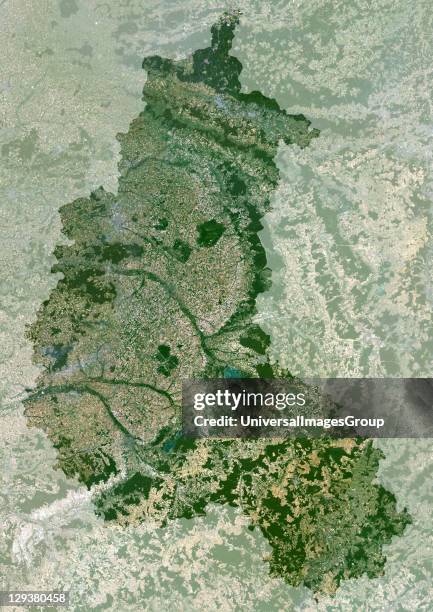 Champagne-Ardenne region, France, true colour satellite image with mask. This image was compiled from data acquired by LANDSAT 5 & 7 satellites.,...