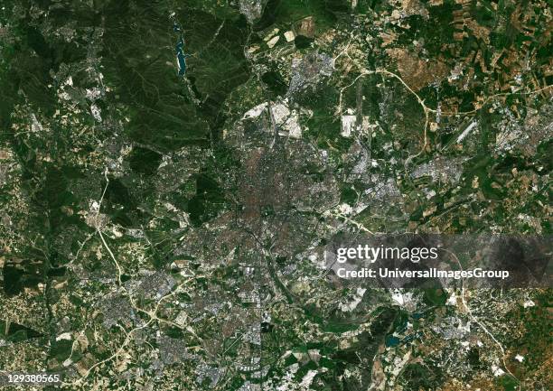 Madrid, Spain. True colour satellite image of Madrid, the capital city of Spain. Image taken on 22 April 2002 using LANDSAT 7 data., Madrid, Spain,...