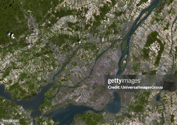 Montreal, Canada. True colour satellite image of the city of Montreal, taken on 8 June 2001, using LANDSAT 7 data., Montreal, Canada, True Colour...