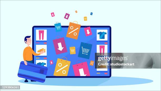 shopping online - touching virtual screen stock illustrations