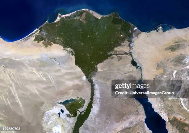 True colour satellite image of the Nile Delta. It is formed in Northern Egypt where the Nile River spreads out and drains into the Mediterranean Sea....