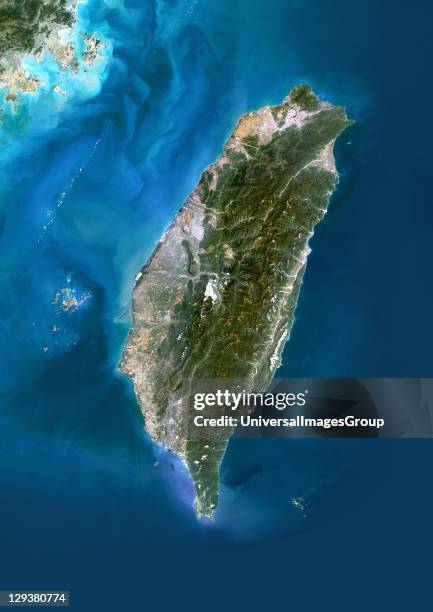 Satellite view of Taiwan. This image was compiled from data acquired by LANDSAT 5 & 7 satellites., Taiwan, Asia, True Colour Satellite Image