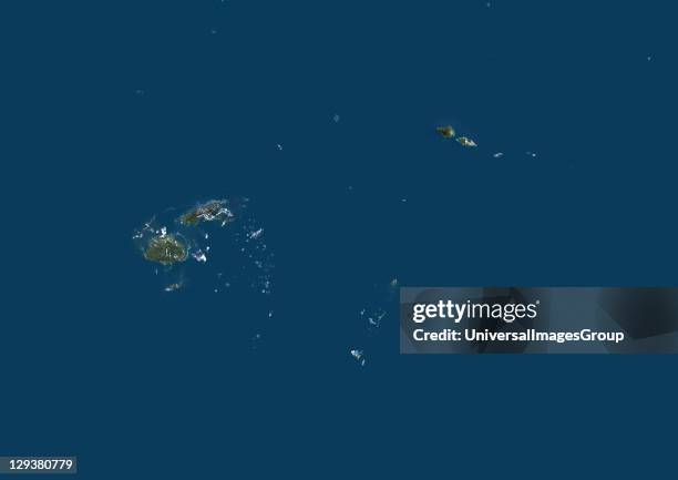 Satellite view of Fiji, Samoa, Tonga, Wallis and Futuna Islands. This image was compiled from data acquired by LANDSAT 5 & 7 satellites., Fiji,...