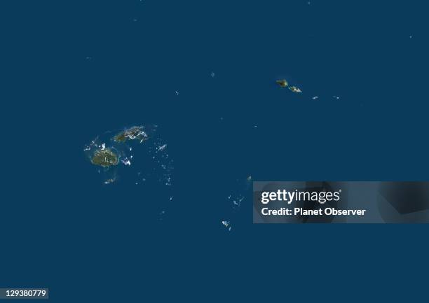 Satellite view of Fiji, Samoa, Tonga, Wallis and Futuna Islands. This image was compiled from data acquired by LANDSAT 5 & 7 satellites., Fiji,...