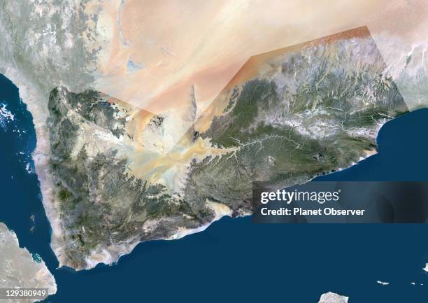 Satellite view of Yemen . This image was compiled from data acquired by LANDSAT 5 & 7 satellites., Yemen, Middle East, Asia, True Colour Satellite...