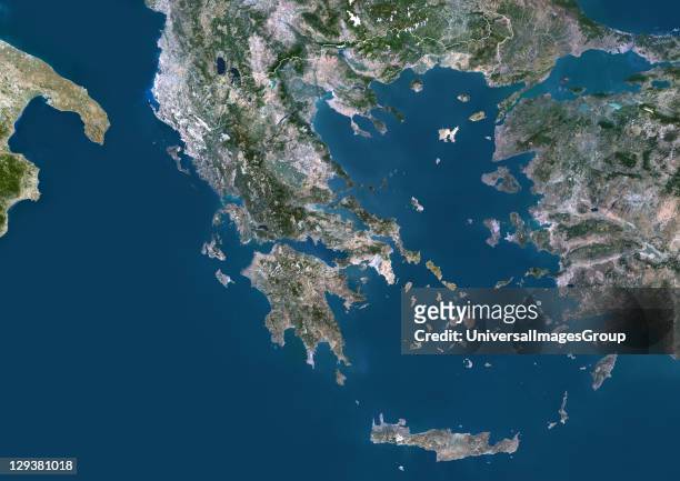 Satellite view of Greece . This image was compiled from data acquired by LANDSAT 5 & 7 satellites., Greece, Europe, True Colour Satellite Image With...