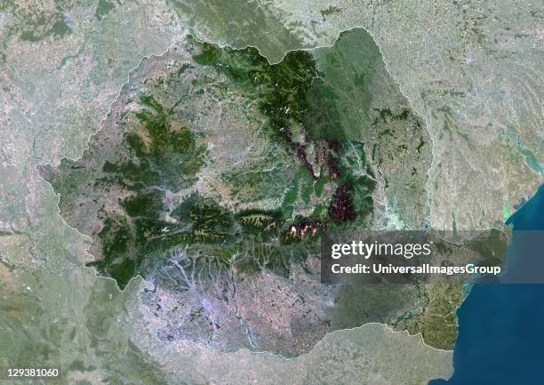 Satellite view of Romania . This image was compiled from data acquired by LANDSAT 5 & 7 satellites., Romania, Europe, True Colour Satellite Image...