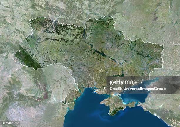 Satellite view of Ukraine . This image was compiled from data acquired by LANDSAT 5 & 7 satellites., Ukraine, Europe, True Colour Satellite Image...