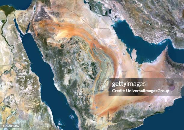 Satellite view of Saudi Arabia . This image was compiled from data acquired by LANDSAT 5 & 7 satellites., Saudi Arabia, Middle East, True Colour...