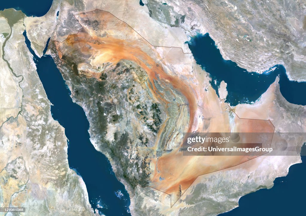 Saudi Arabia, Middle East, Asia, True Colour Satellite Image With Border And Mask