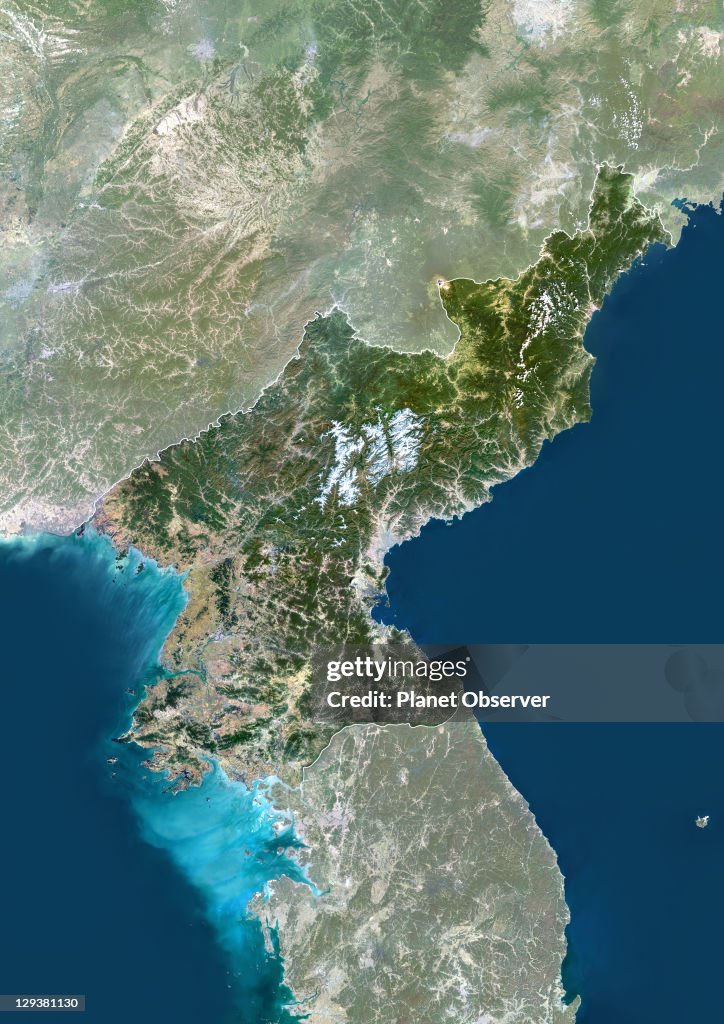 North Korea, Asia, True Colour Satellite Image With Border And Mask
