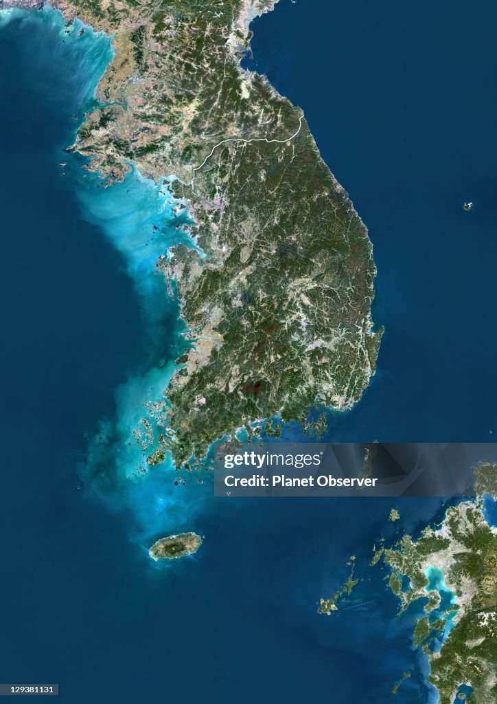 South Korea, Asia, True Colour Satellite Image With Border