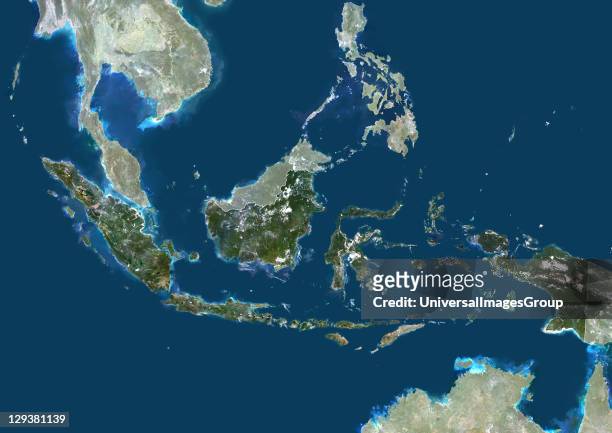 Satellite view of Indonesia . This image was compiled from data acquired by LANDSAT 5 & 7 satellites., Indonesia, Asia, True Colour Satellite Image...