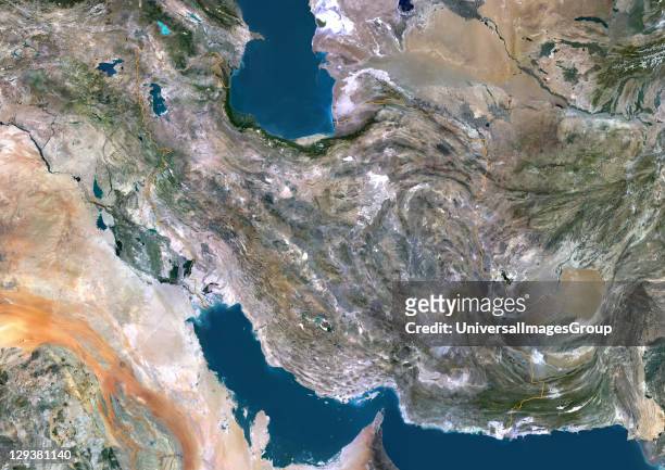 Satellite view of Iran . This image was compiled from data acquired by LANDSAT 5 & 7 satellites., Iran, Middle East, Asia, True Colour Satellite...