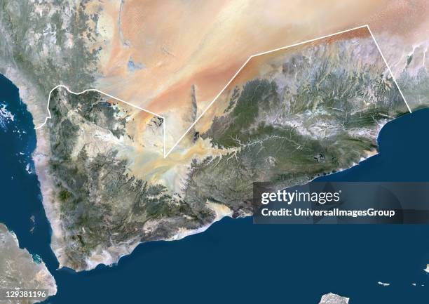 Satellite view of Yemen . This image was compiled from data acquired by LANDSAT 5 & 7 satellites., Yemen, Middle East, Asia, True Colour Satellite...