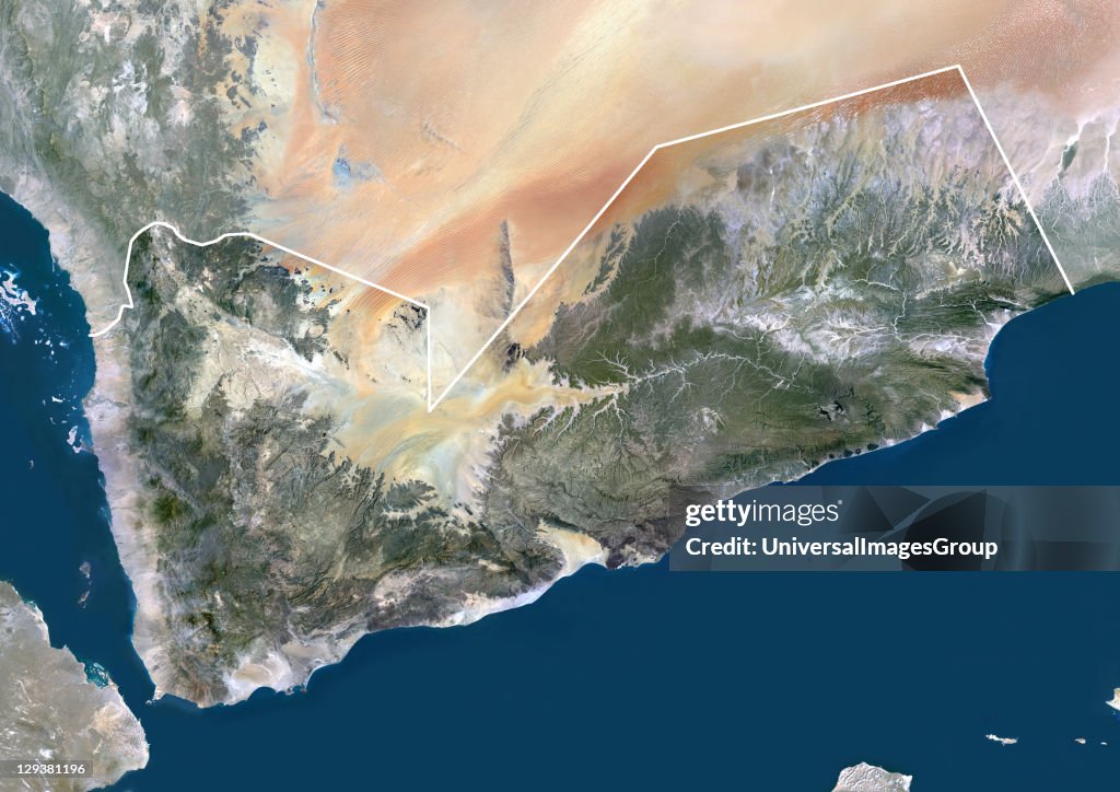 Yemen, Middle East, Asia, True Colour Satellite Image With Border And Mask