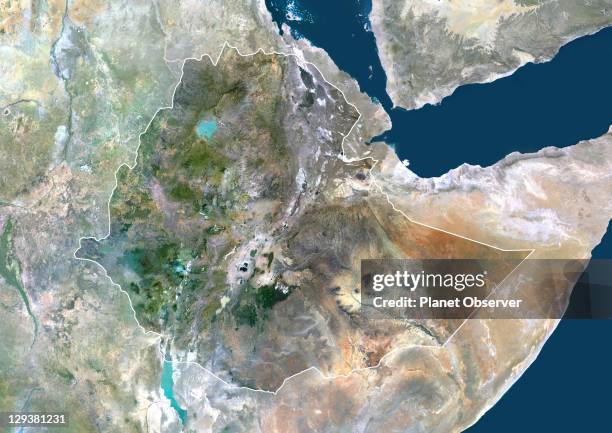 Satellite view of Ethiopia . This image was compiled from data acquired by LANDSAT 5 & 7 satellites., Ethiopia, Africa, True Colour Satellite Image...