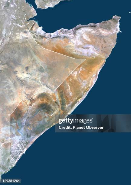 Satellite view of Somalia . This image was compiled from data acquired by LANDSAT 5 & 7 satellites., Somalia, Africa, True Colour Satellite Image...