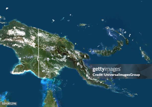 Satellite view of Papua New Guinea . This image was compiled from data acquired by LANDSAT 5 & 7 satellites., Papua New Guinea, Asia, True Colour...