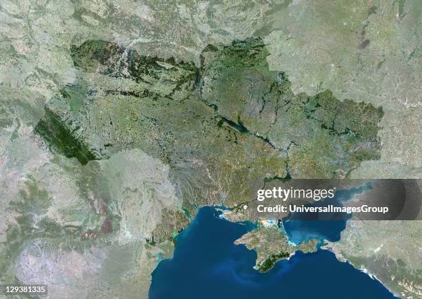 Satellite view of Ukraine . This image was compiled from data acquired by LANDSAT 5 & 7 satellites., Ukraine, Europe, True Colour Satellite Image...