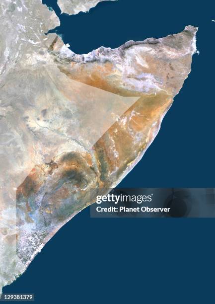 Satellite view of Somalia . This image was compiled from data acquired by LANDSAT 5 & 7 satellites., Somalia, Africa, True Colour Satellite Image...