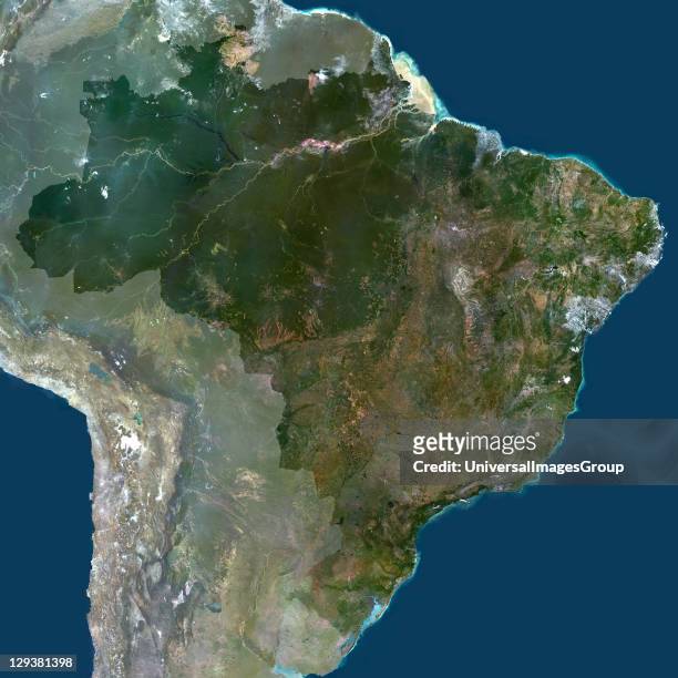 Satellite view of Brazil , print size 42x42cm. This image was compiled from data acquired by LANDSAT 5 & 7 satellites., Brazil, South America, True...