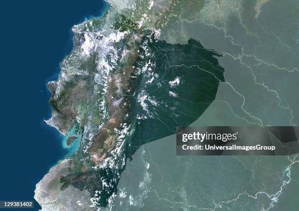 Satellite view of Ecuador . This image was compiled from data acquired by LANDSAT 5 & 7 satellites., Ecuador, South America, True Colour Satellite...