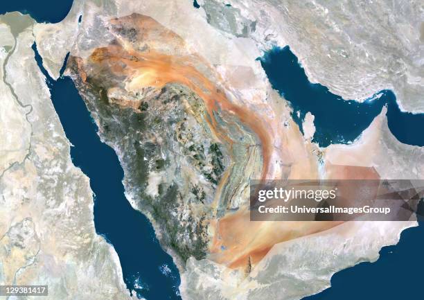 Satellite view of Saudi Arabia . This image was compiled from data acquired by LANDSAT 5 & 7 satellites., Saudi Arabia, Middle East, Asia, True...