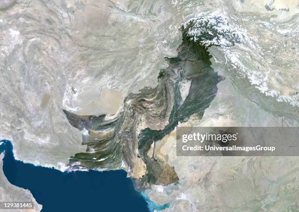 Satellite view of Pakistan . This image was compiled from data acquired by LANDSAT 5 & 7 satellites., Pakistan, Asia, True Colour Satellite Image...