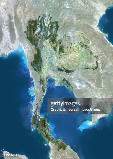 Satellite view of Thailand . This image was compiled from data acquired by LANDSAT 5 & 7 satellites., Thailand, Asia, True Colour Satellite Image...
