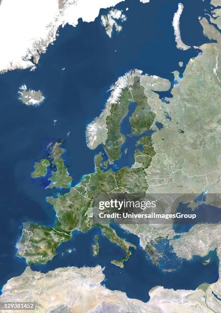 True colour satellite image of the European Union in 2004, showing the 25 member states. This image in Lambert Conformal Conic projection was...