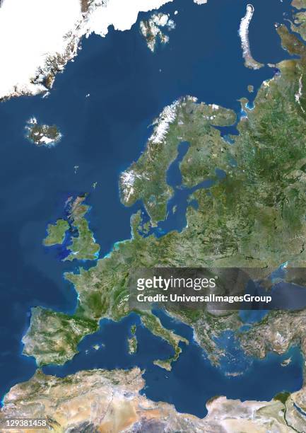 True colour satellite image of Europe. This image in Lambert Conformal Conic projection was compiled from data acquired by LANDSAT 5 & 7 satellites.,...