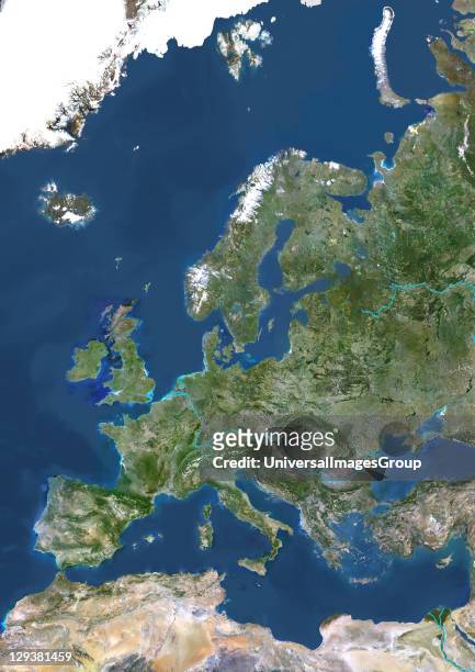 True colour satellite image of Europe with major rivers. This image in Lambert Conformal Conic projection was compiled from data acquired by LANDSAT...