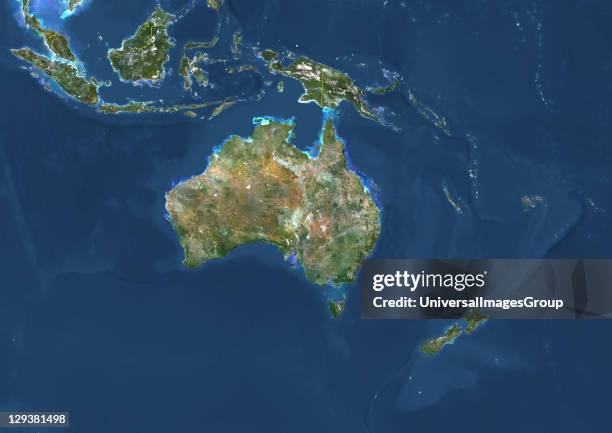 True colour satellite image of Oceania with country borders. This image in Lambert Conformal Conic projection was compiled from data acquired by...
