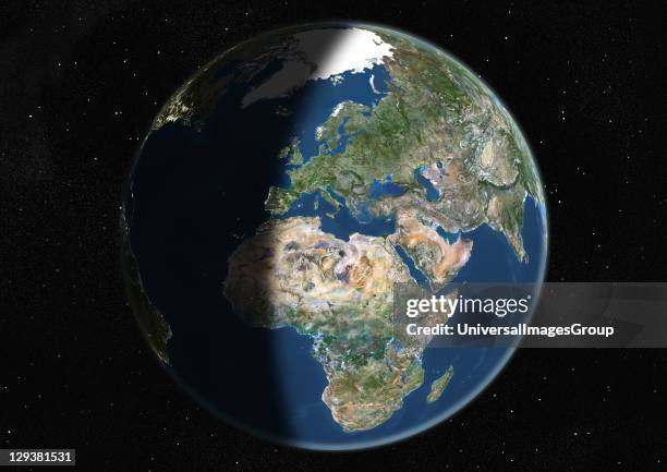 True colour satellite image of the Earth centred on Europe and Africa, at the equinox at 6 a.m GMT. This image in orthographic projection was...