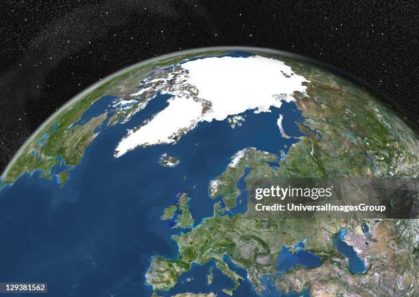 True colour satellite image of the Earth showing Greenland, the North Pole and Europe. This image in orthographic projection was compiled from data...