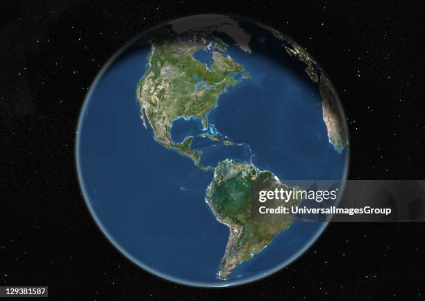 True colour satellite image of the Earth centred on the Americas, during winter solstice at 6 p.m GMT. This image in orthographic projection was...