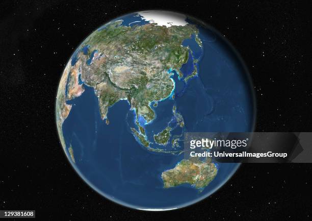 True colour satellite image of the Earth centred on Asia and Oceania, at the equinox at 6 a.m GMT. This image in orthographic projection was compiled...