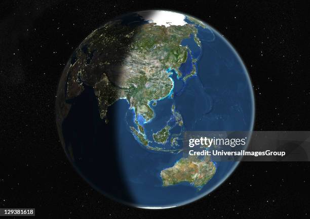 True colour satellite image of the Earth centred on Asia and Oceania, at the equinox at 12 p.m GMT. This image in orthographic projection was...