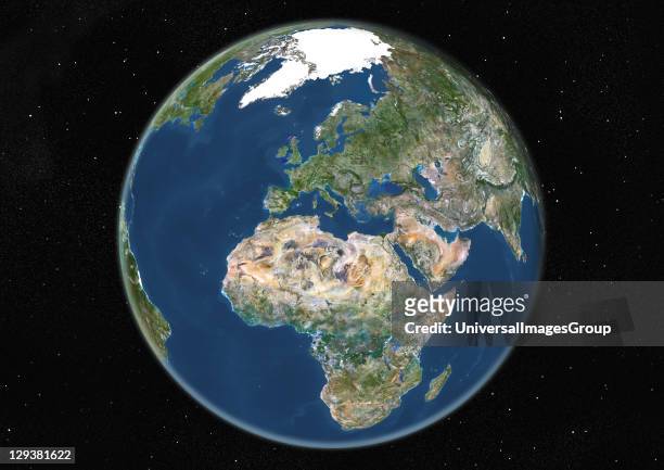 True colour satellite image of the Earth centred on Europe and Africa, during summer solstice at 12 a.m GMT. This image in orthographic projection...