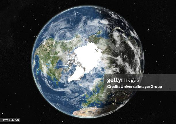 True colour satellite image of the Earth centred on the North Pole with cloud coverage, during summer solstice at 6 p.m GMT. This image in...