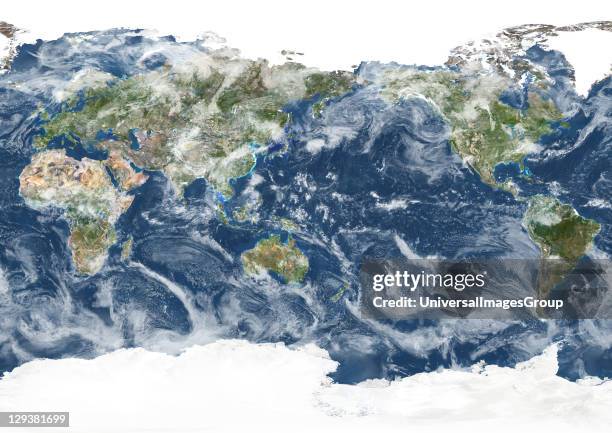 True colour satellite image of the whole Earth centred on the Pacific Ocean, with cloud coverage. This image in Miller projection was compiled from...