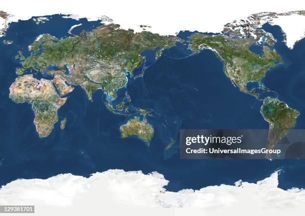 True colour satellite image of the whole Earth centred on the Pacific Ocean, with major rivers. This image in Miller projection was compiled from...