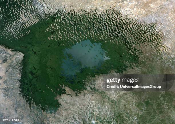 True colour satellite image of Lake Chad, Chad. Image taken in 1999 using LANDSAT data., Lake Chad, Chad, In 1999, True Colour Satellite Image