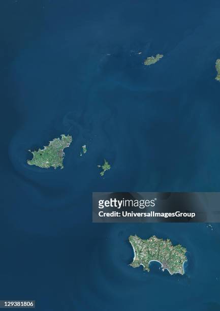 True colour satellite image of the Channel Islands, an archipelago in the English Channel, off the French coast of Normandy. The main islands are...