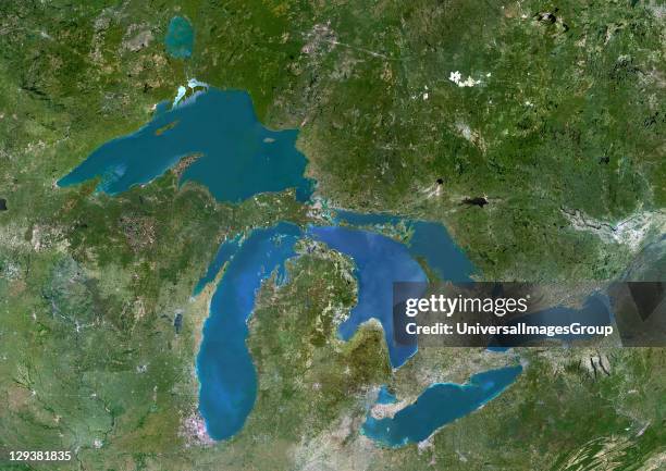 True colour satellite image of the Great Lakes region which includes the Canadian Province of Ontario and eight US states. Lakes are from west to...